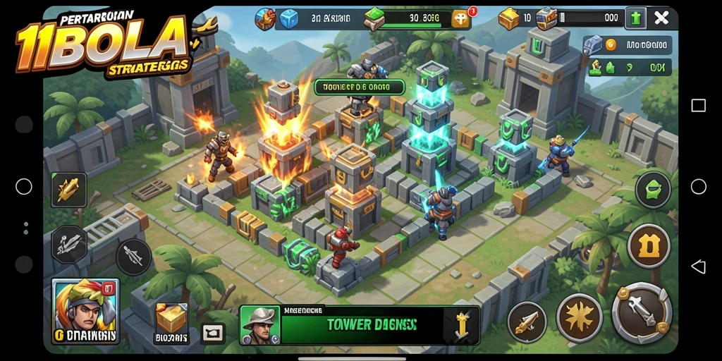 Tangkapan layar 11BOLA menunjukkan aksi menara dalam pertarungan Tower Defense.