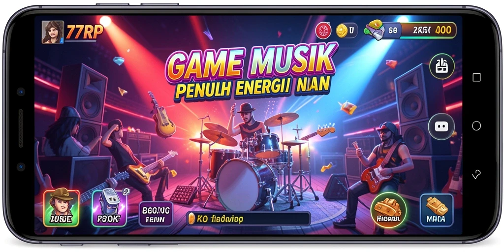 Screenshot utama 77RP menampilkan gameplay seru dengan lagu-lagu yang mengalun.