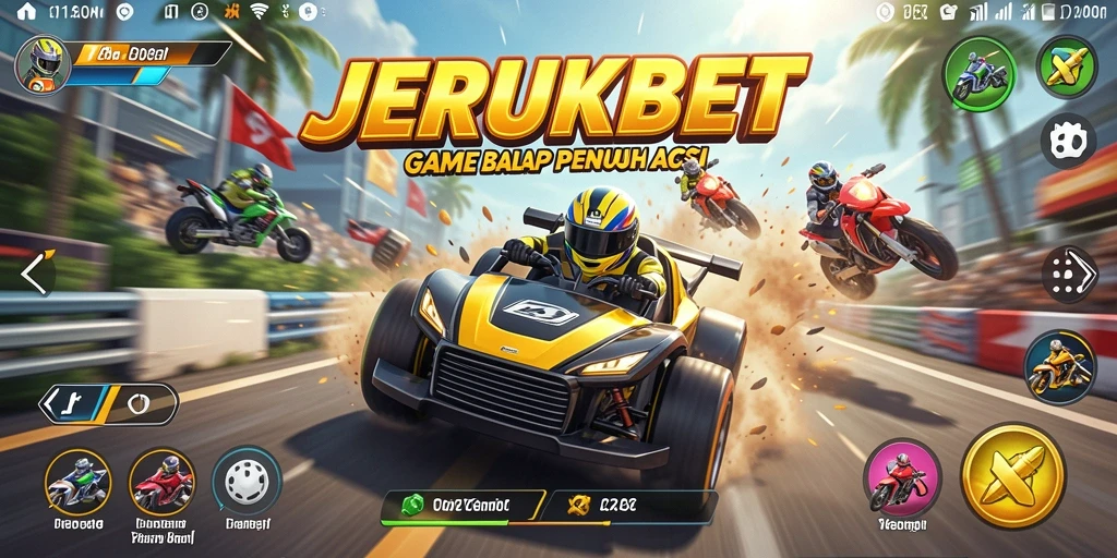 Gameplay JERUKBET yang mendebarkan dengan mobil balap yang cepat.