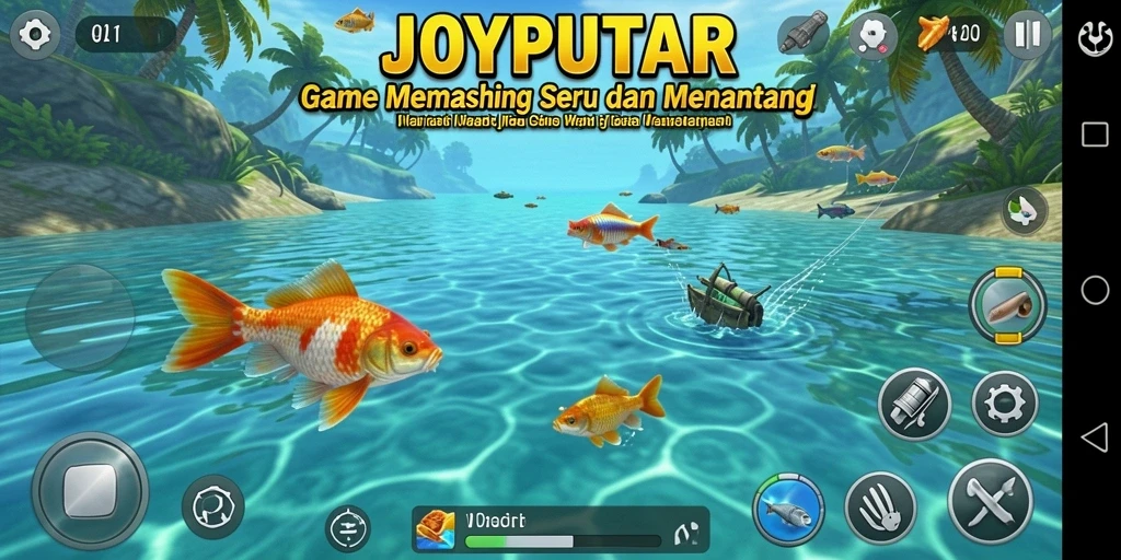 Screenshot gameplay JOYPUTAR menampilkan aksi memancing yang seru.