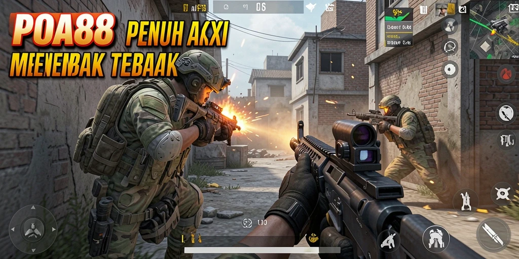 Screenshot gameplay intens dari POA88 menampilkan aksi tembak-menembak yang mendebarkan.